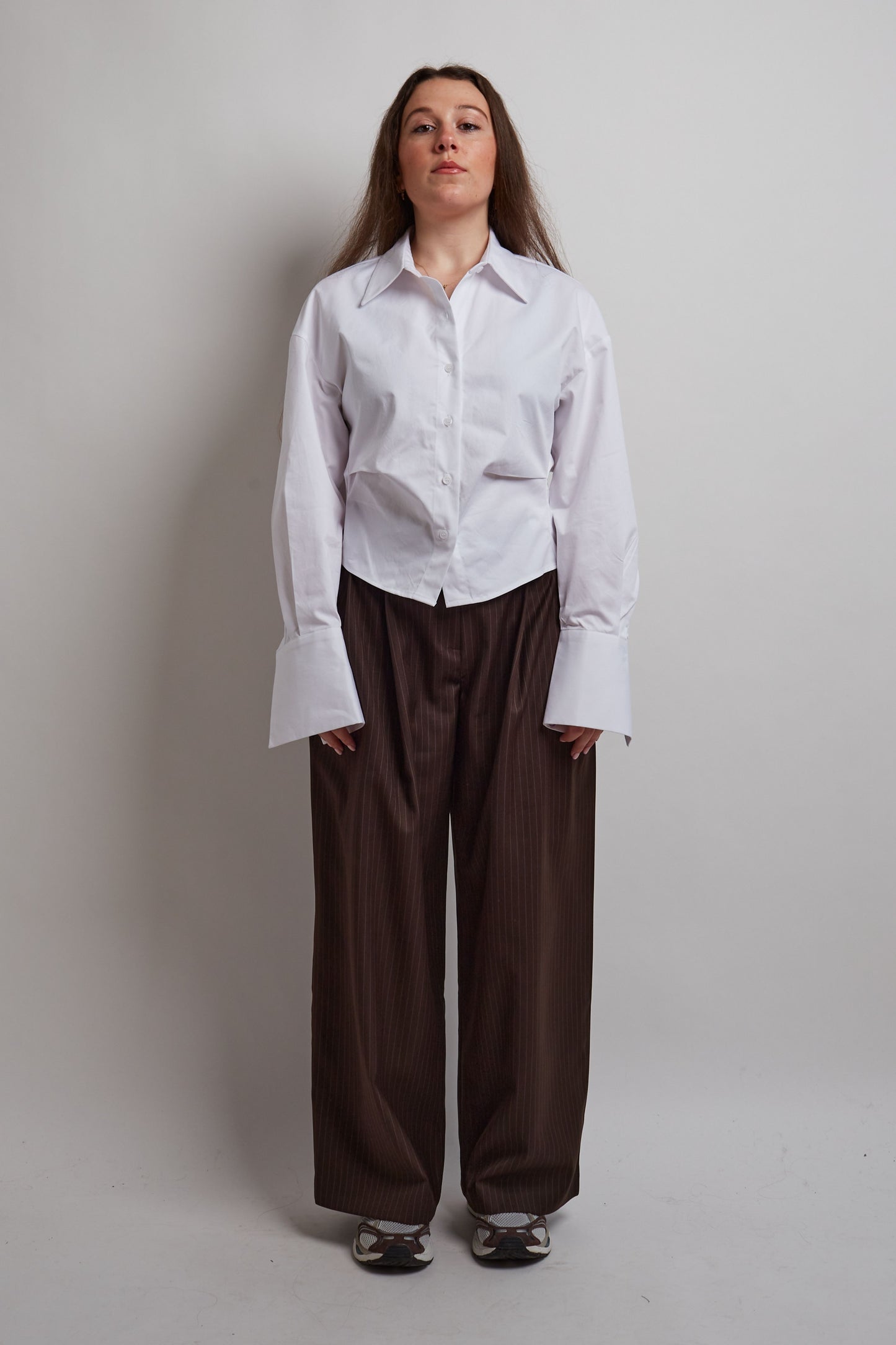 Brown Double Pleated Pinstripe Pants