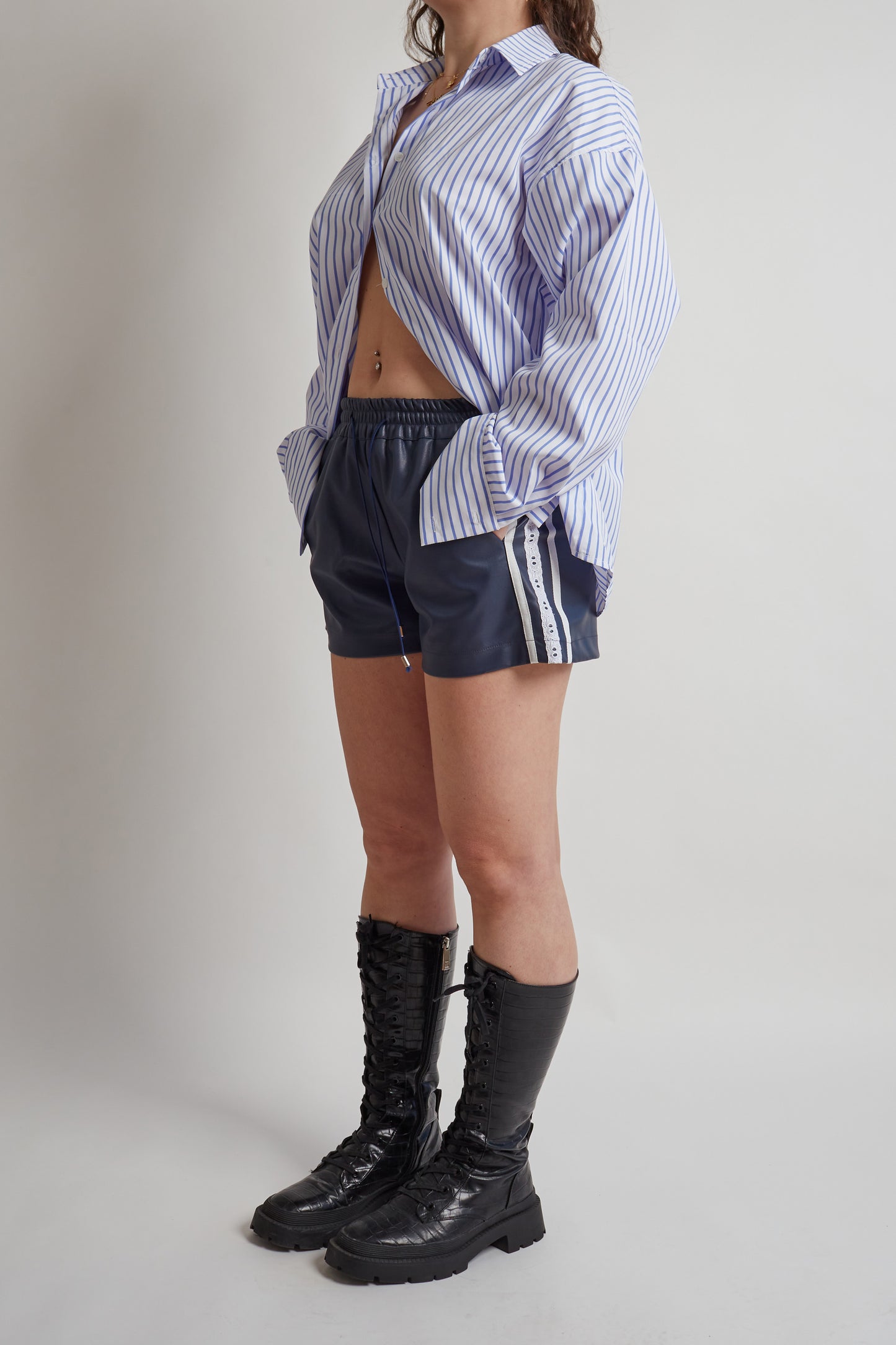 Navy Leather Lace Detail Shorts