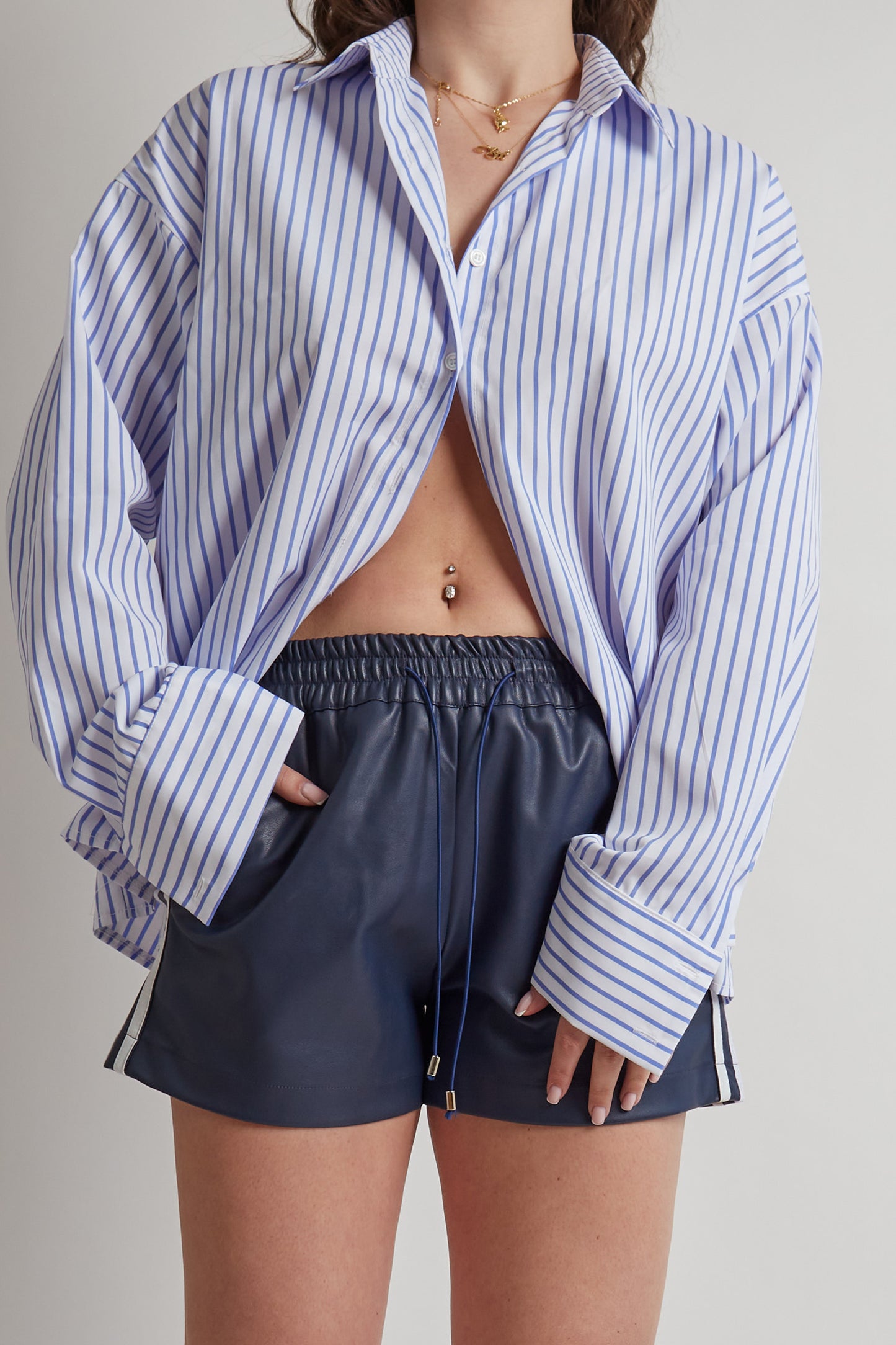 Navy Leather Lace Detail Shorts
