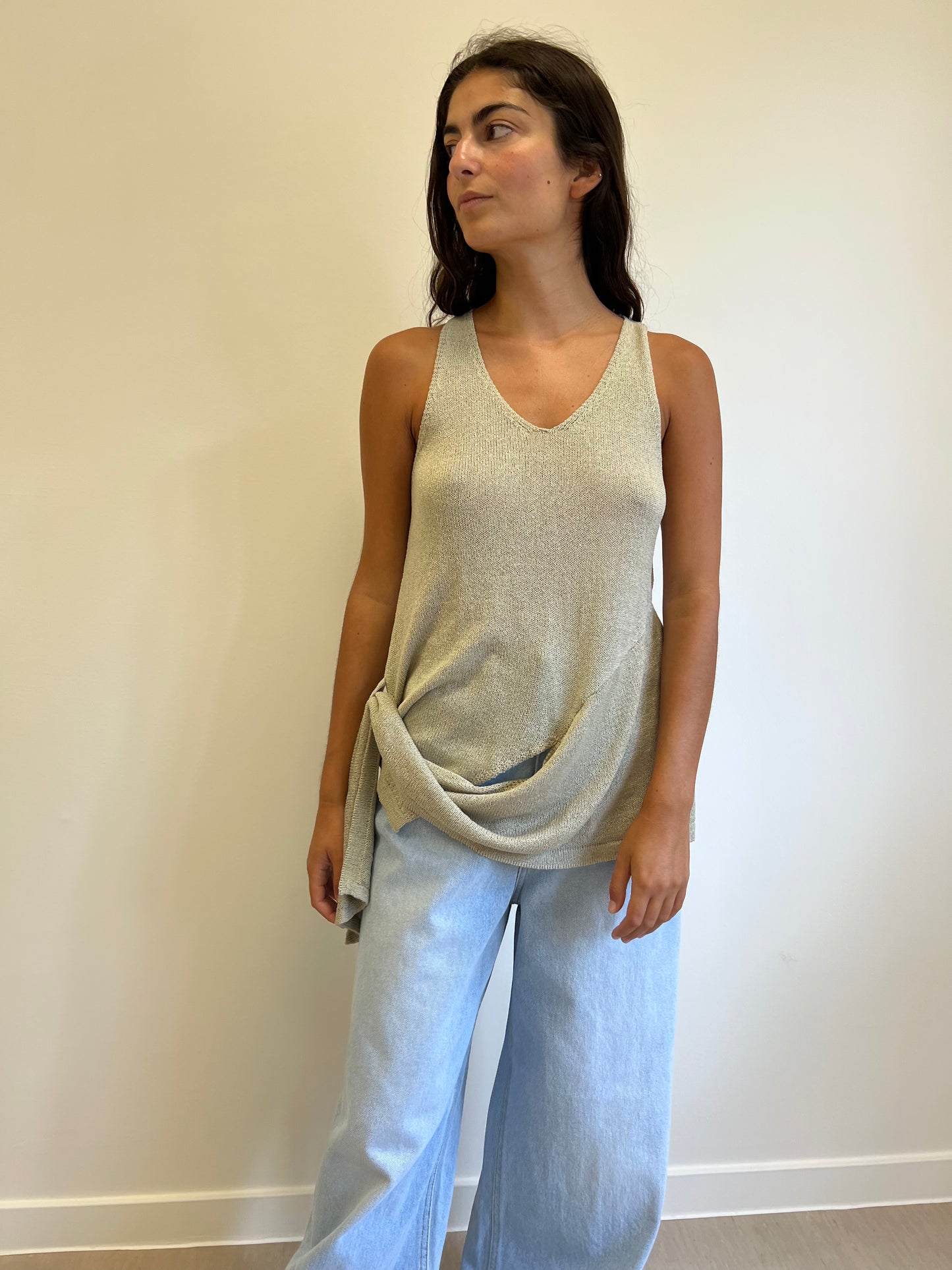Beige Belted Knit Top