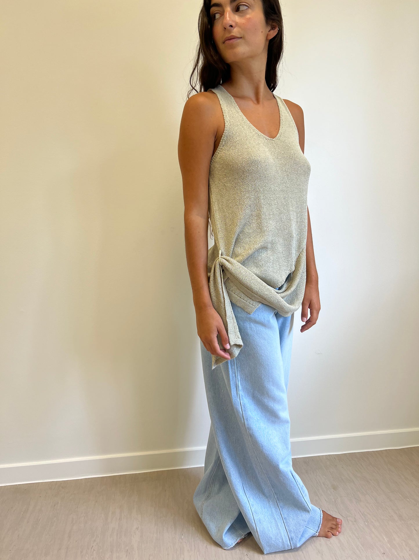 Beige Belted Knit Top