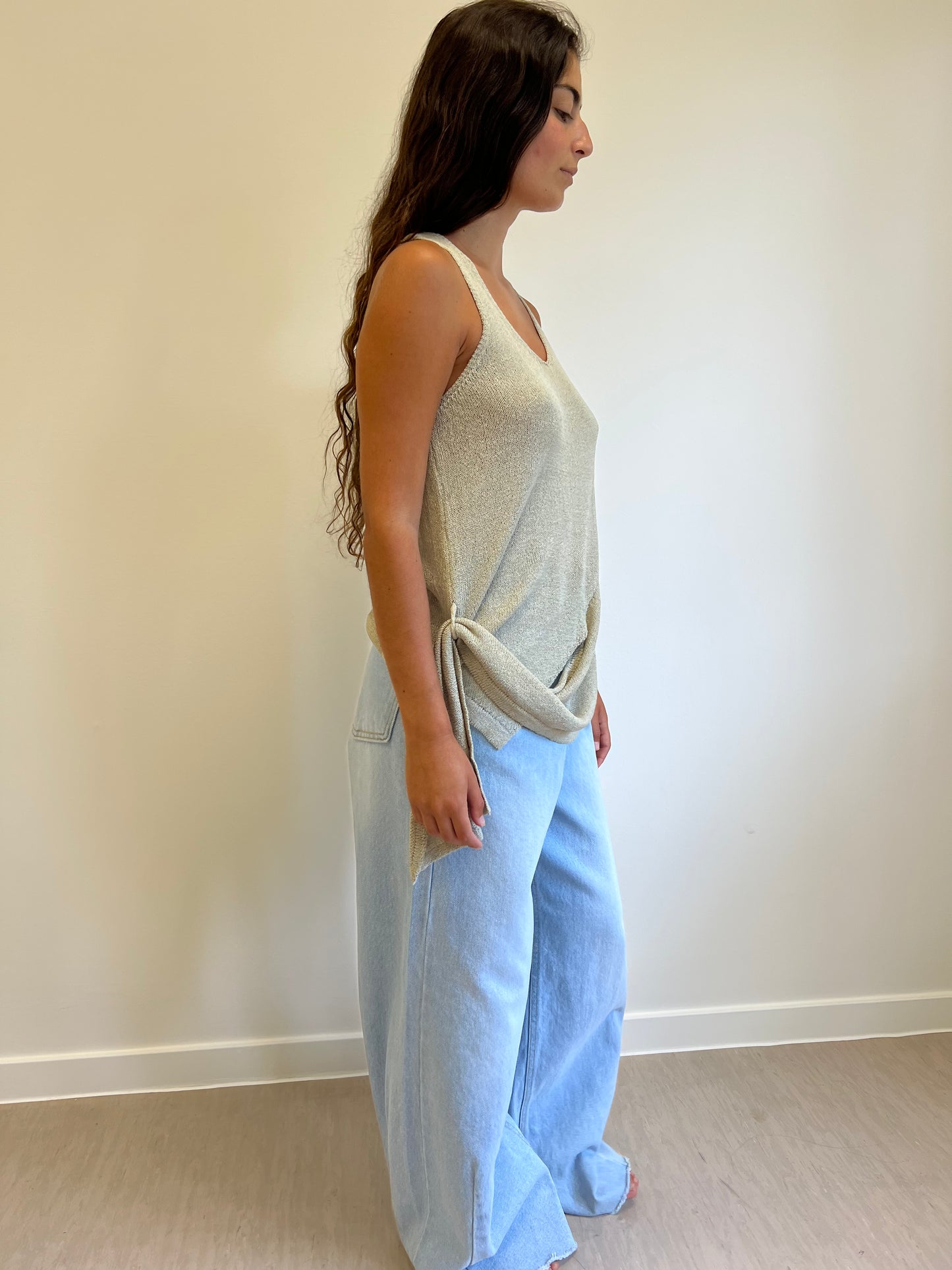 Beige Belted Knit Top