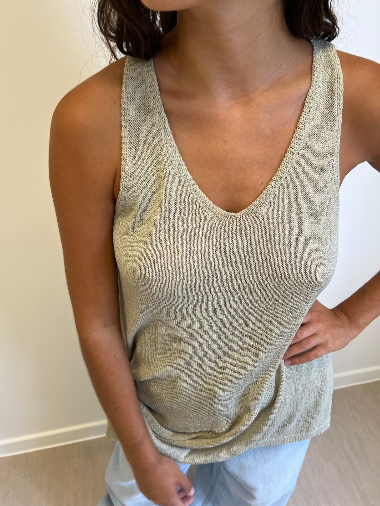 Beige Belted Knit Top