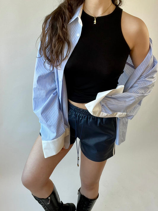 Navy Leather Lace Detail Shorts