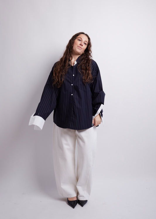 Oversized Dark Blue Striped Contrast Shirt