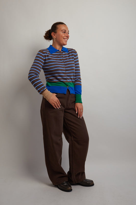Brown Blue Collared Cardigan With Stripes