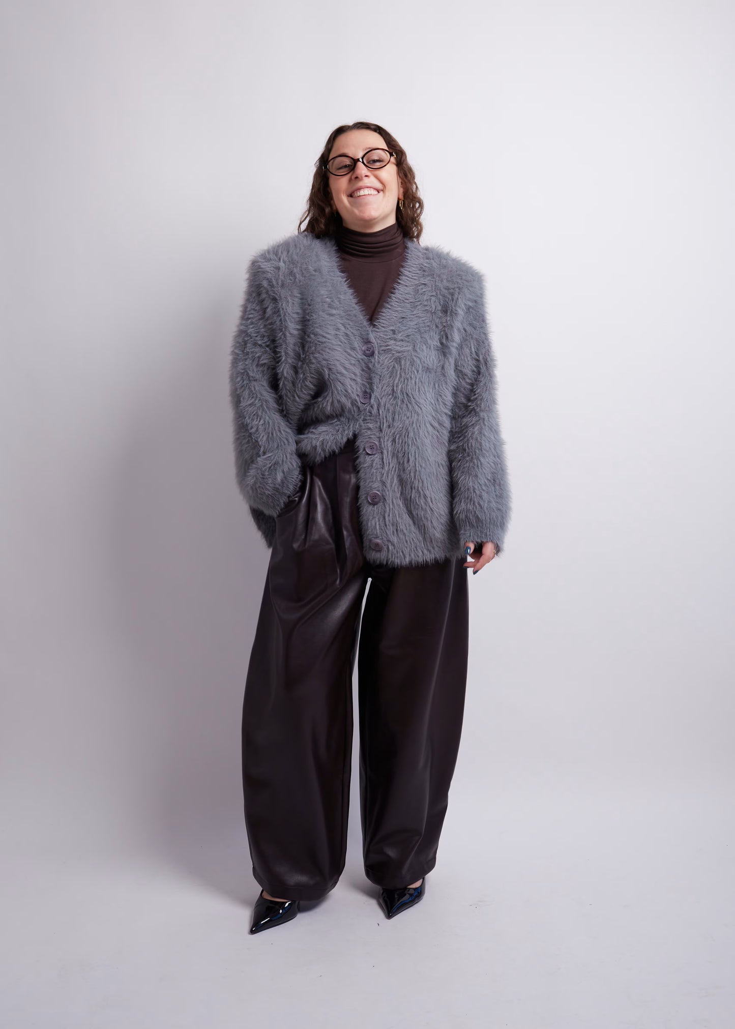 Charcoal Fuzzy Cardigan With Shoulderpads