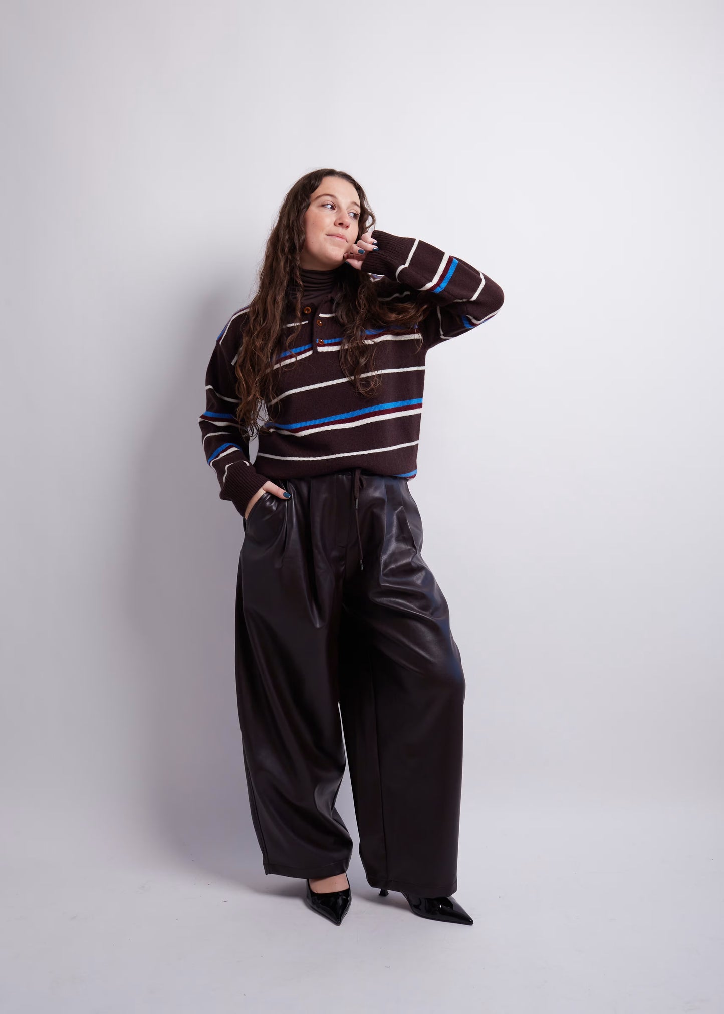 Dark Brown Striped Polo Knit