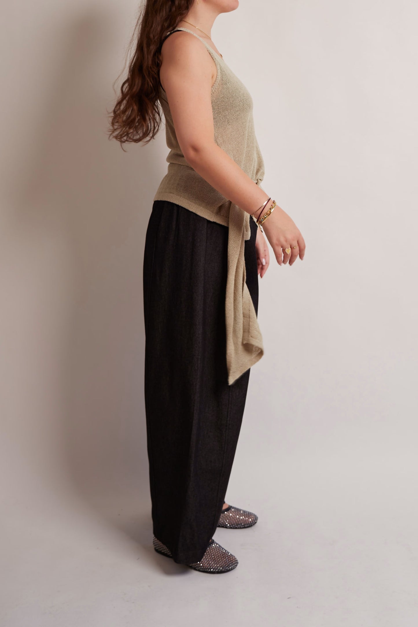 Beige Belted Knit Top