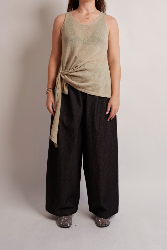 Beige Belted Knit Top