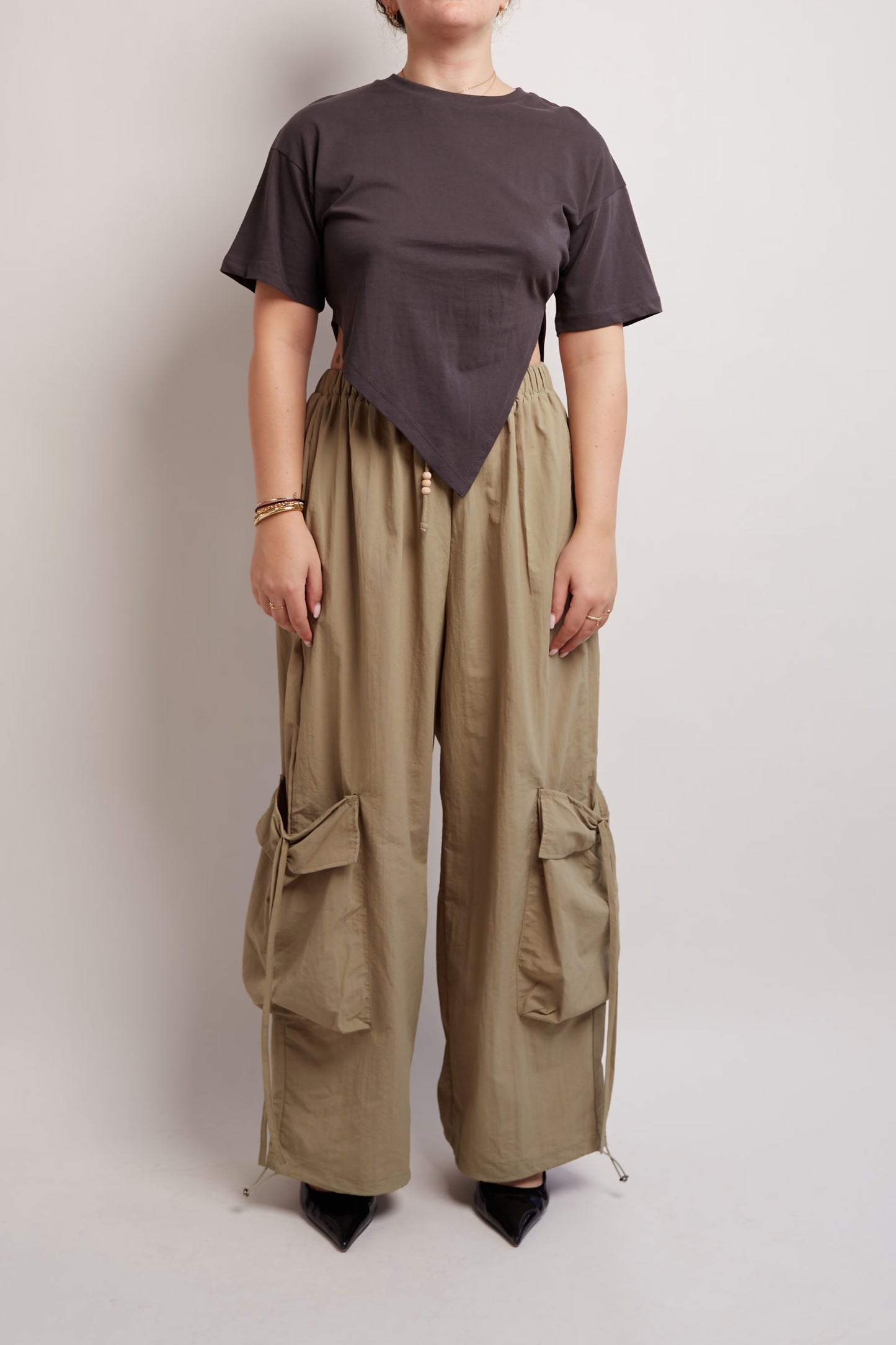 Khaki Loose Cargo Pants Detail Pocket