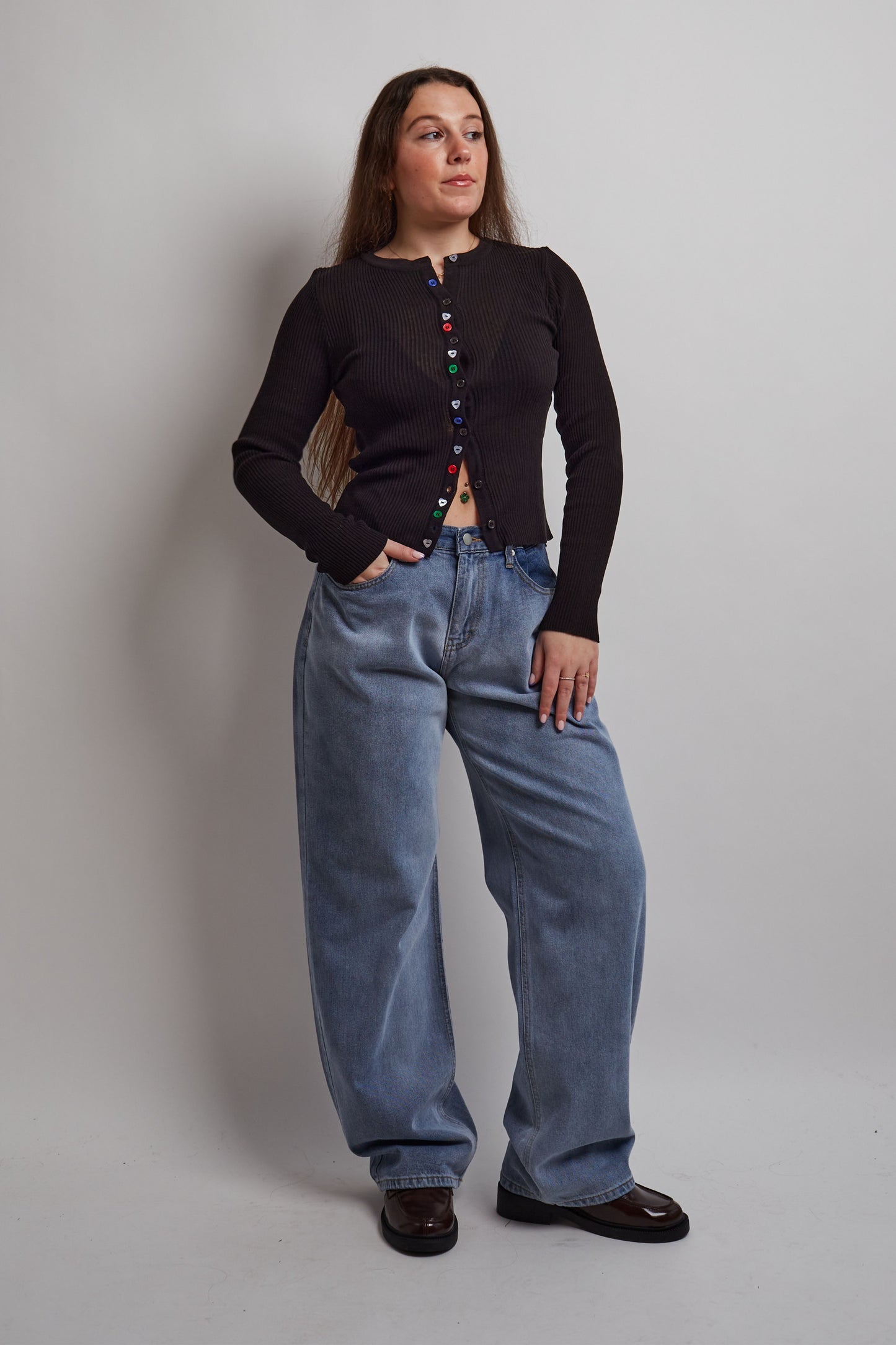 Black Ribbed Cardigan Colorful Buttons