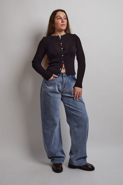 Black Ribbed Cardigan Colorful Buttons