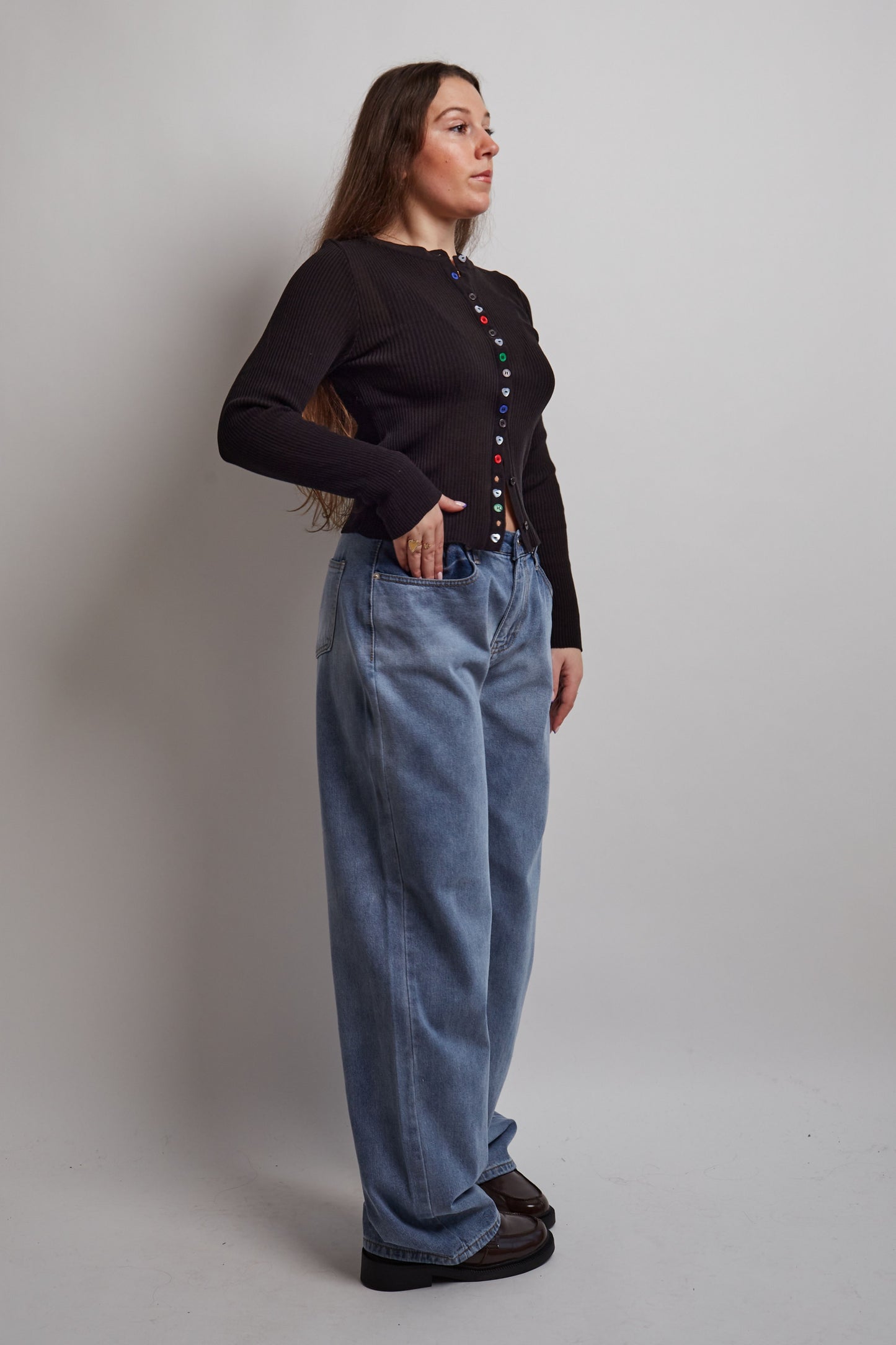 Black Ribbed Cardigan Colorful Buttons