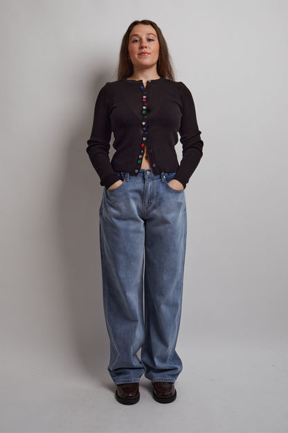 Black Ribbed Cardigan Colorful Buttons