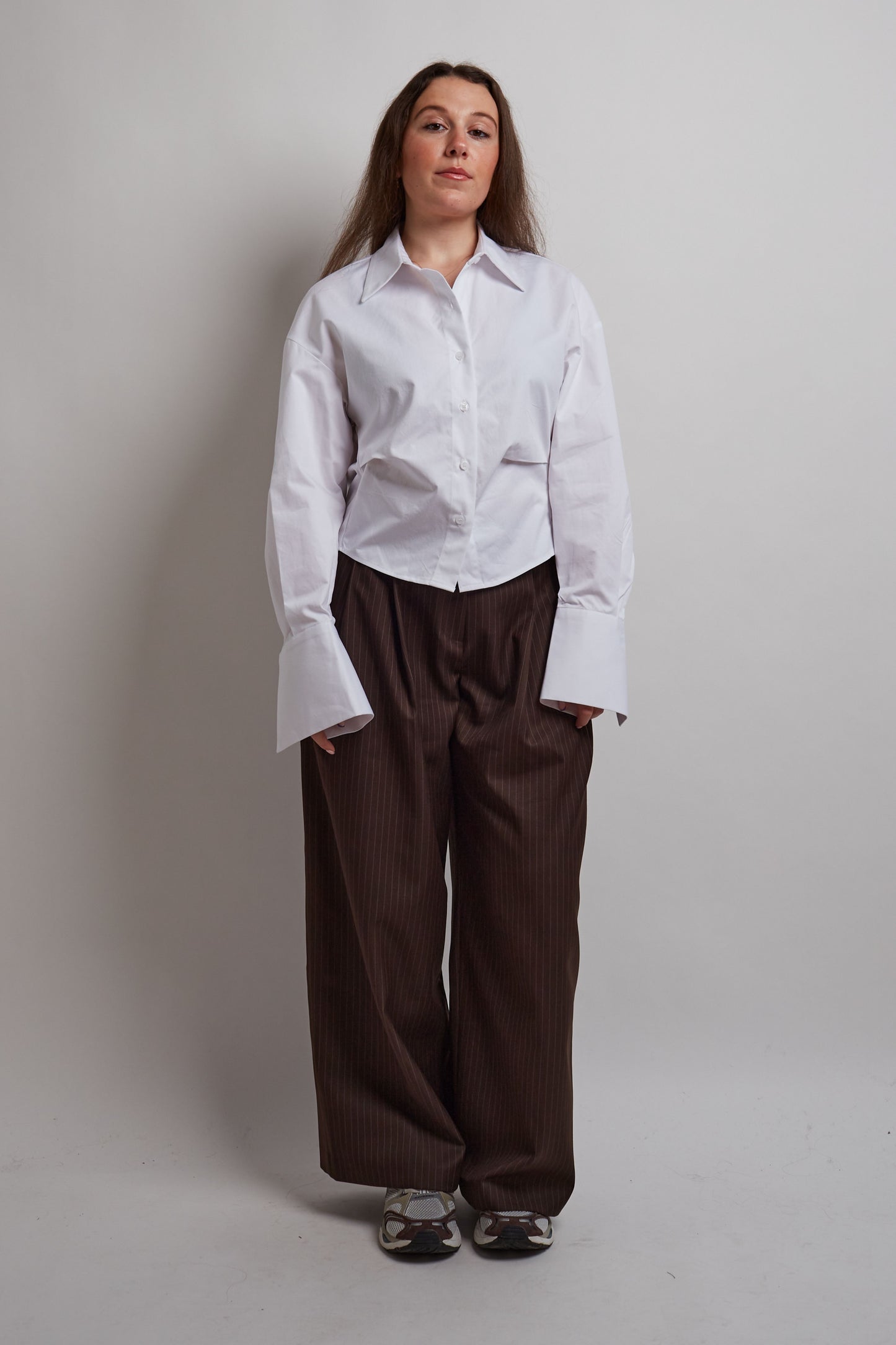 Brown Double Pleated Pinstripe Pants