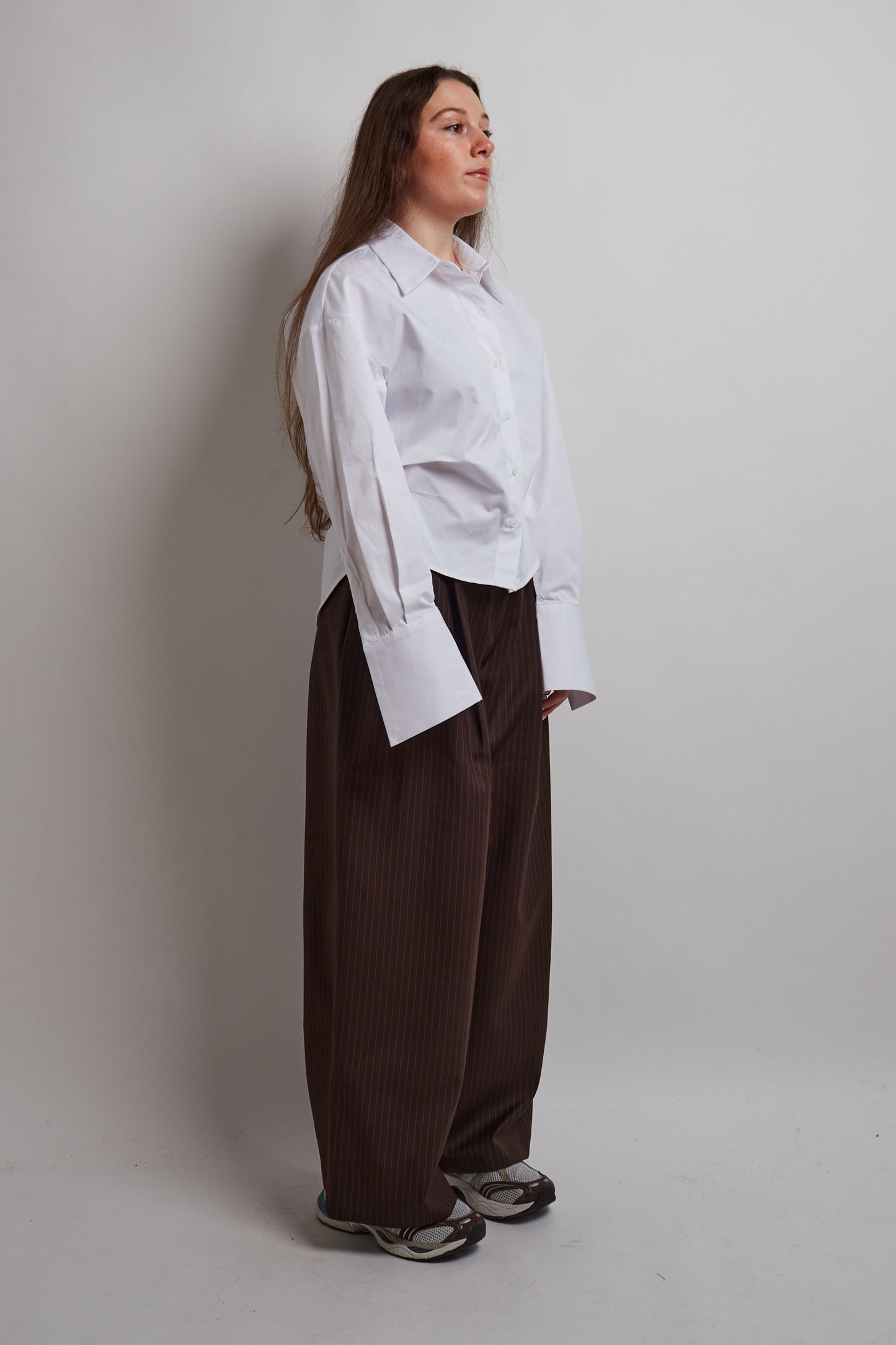 Brown Double Pleated Pinstripe Pants