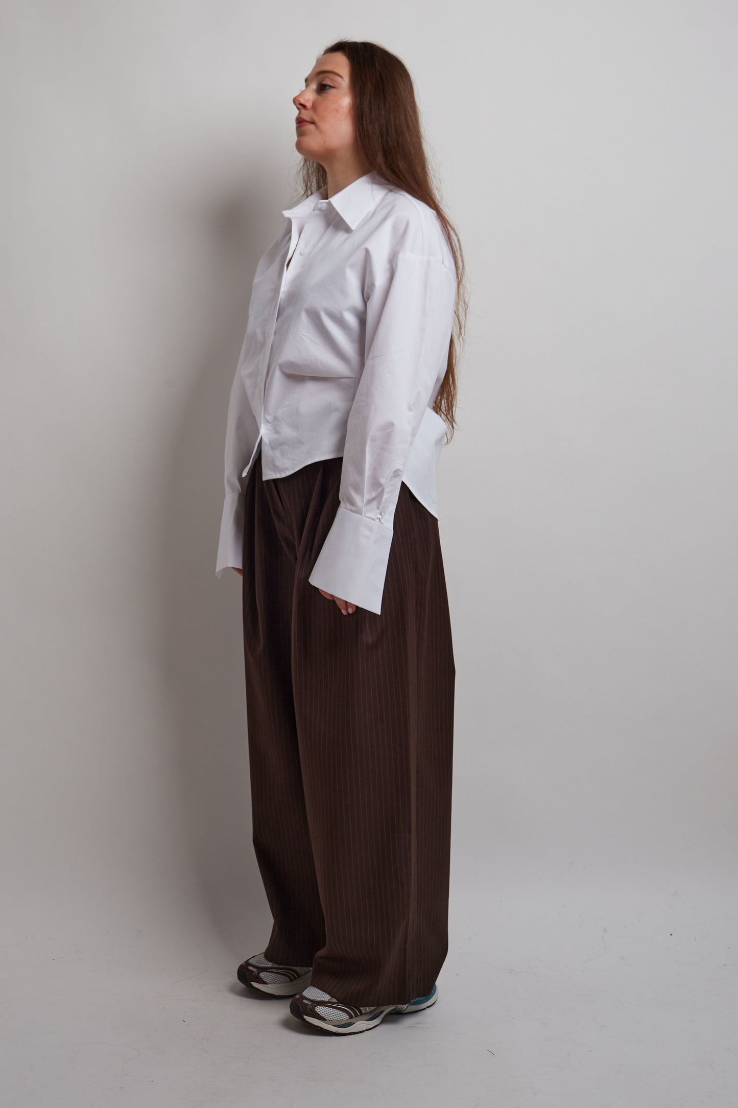 Brown Double Pleated Pinstripe Pants