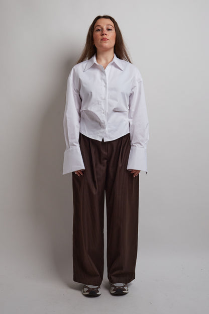 Brown Double Pleated Pinstripe Pants