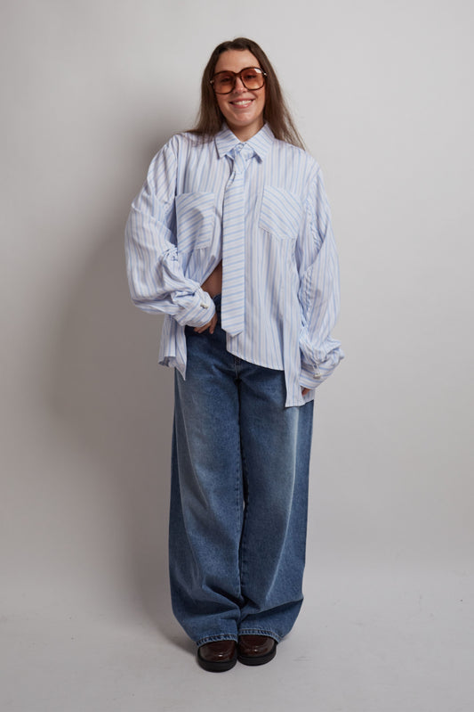 Blue Structured Striped Tie Shirt