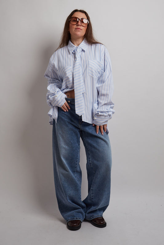 Blue Structured Striped Tie Shirt