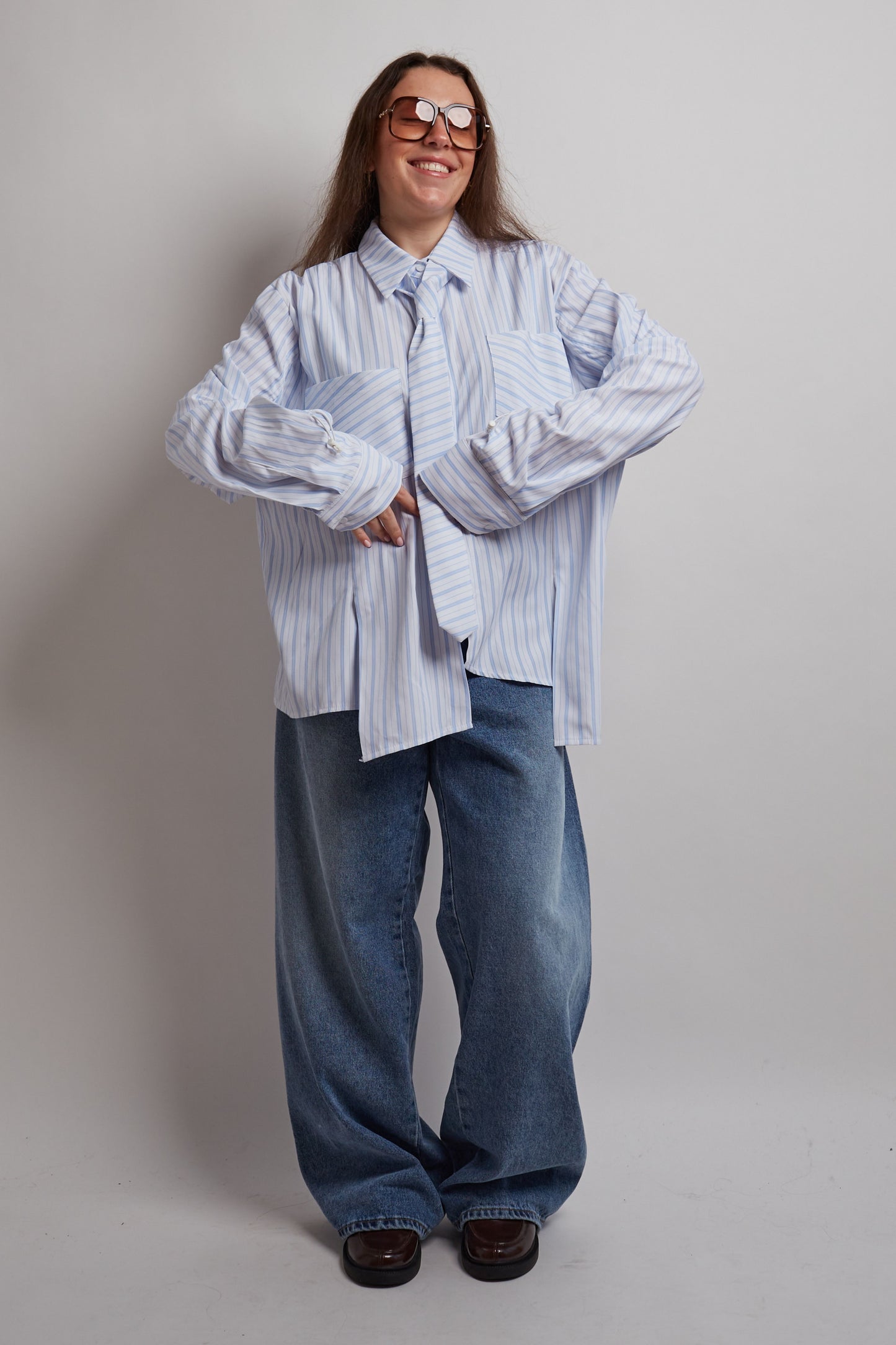 Blue Structured Striped Tie Shirt