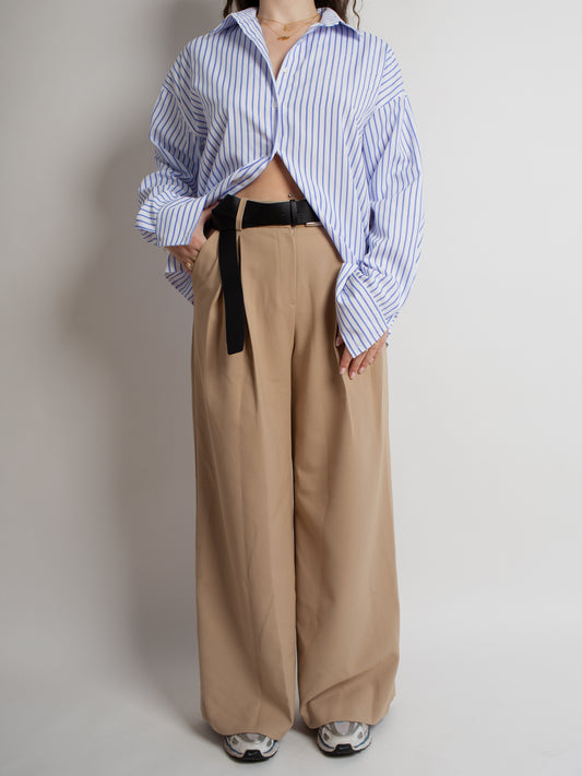 Beige High Waisted Belted Baggy Pants