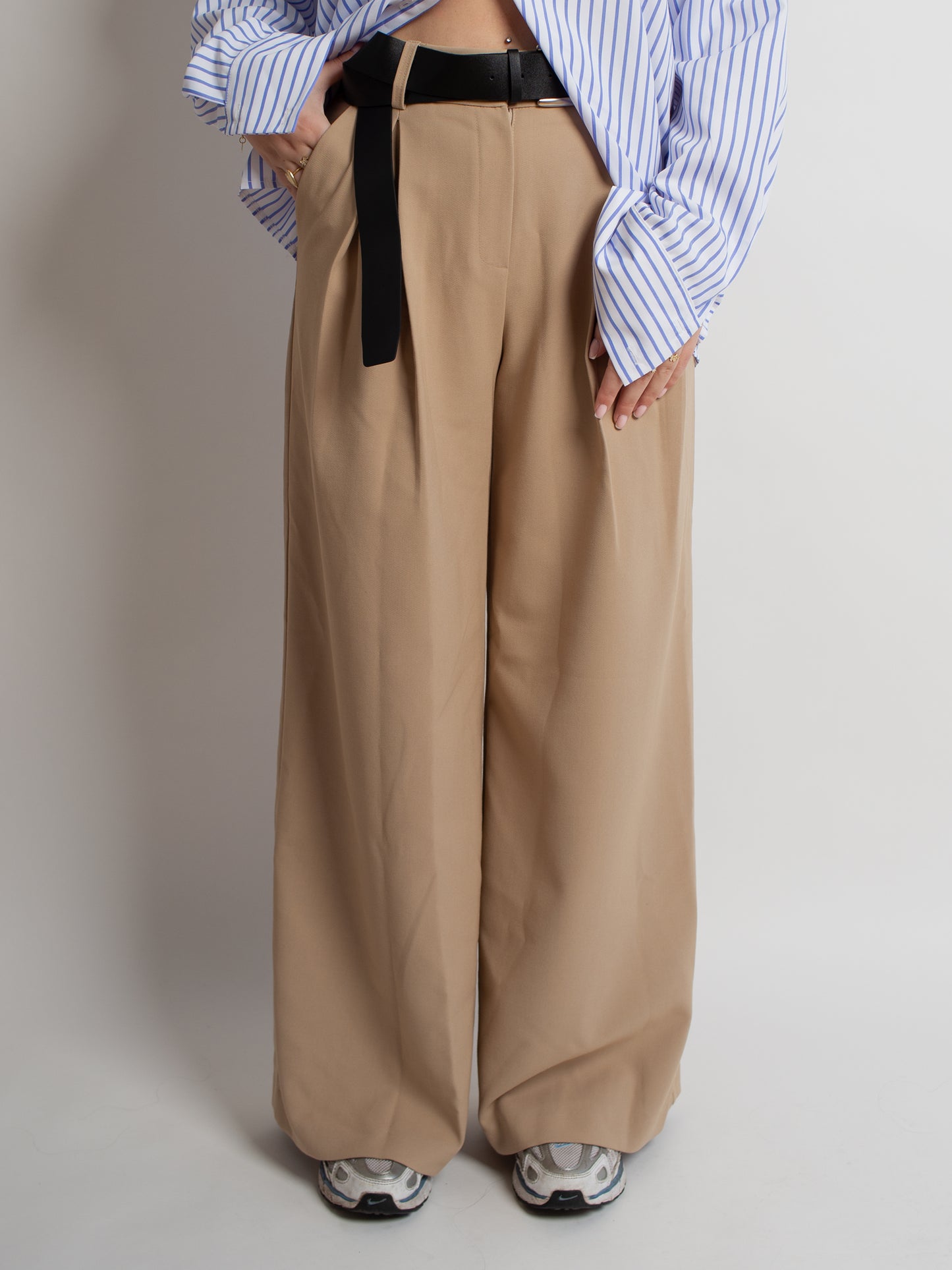 Beige High Waisted Belted Baggy Pants