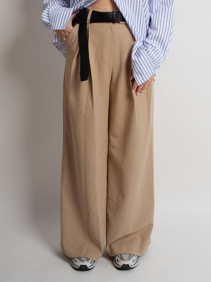 Beige High Waisted Belted Baggy Pants