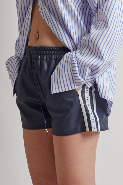 Navy Leather Lace Detail Shorts