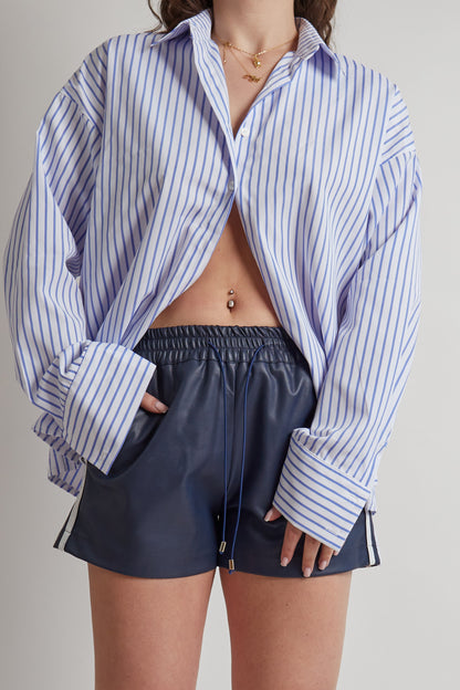 Navy Leather Lace Detail Shorts