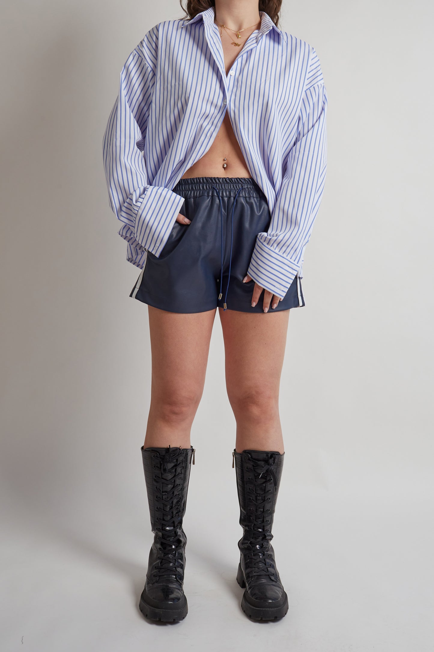 Navy Leather Lace Detail Shorts