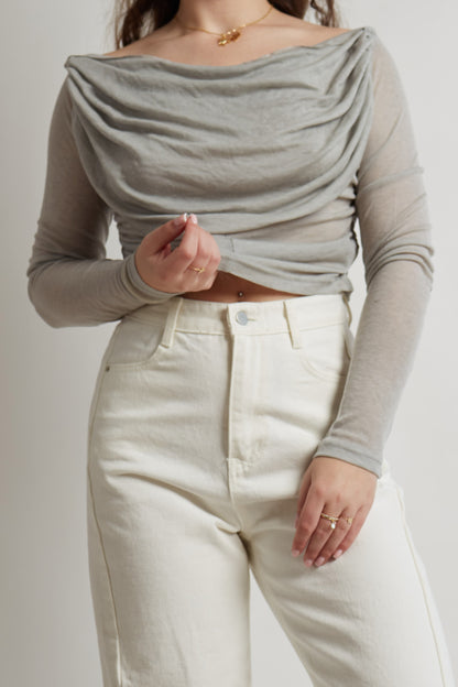 Cropped Semi-Transparant Grey Draped Top