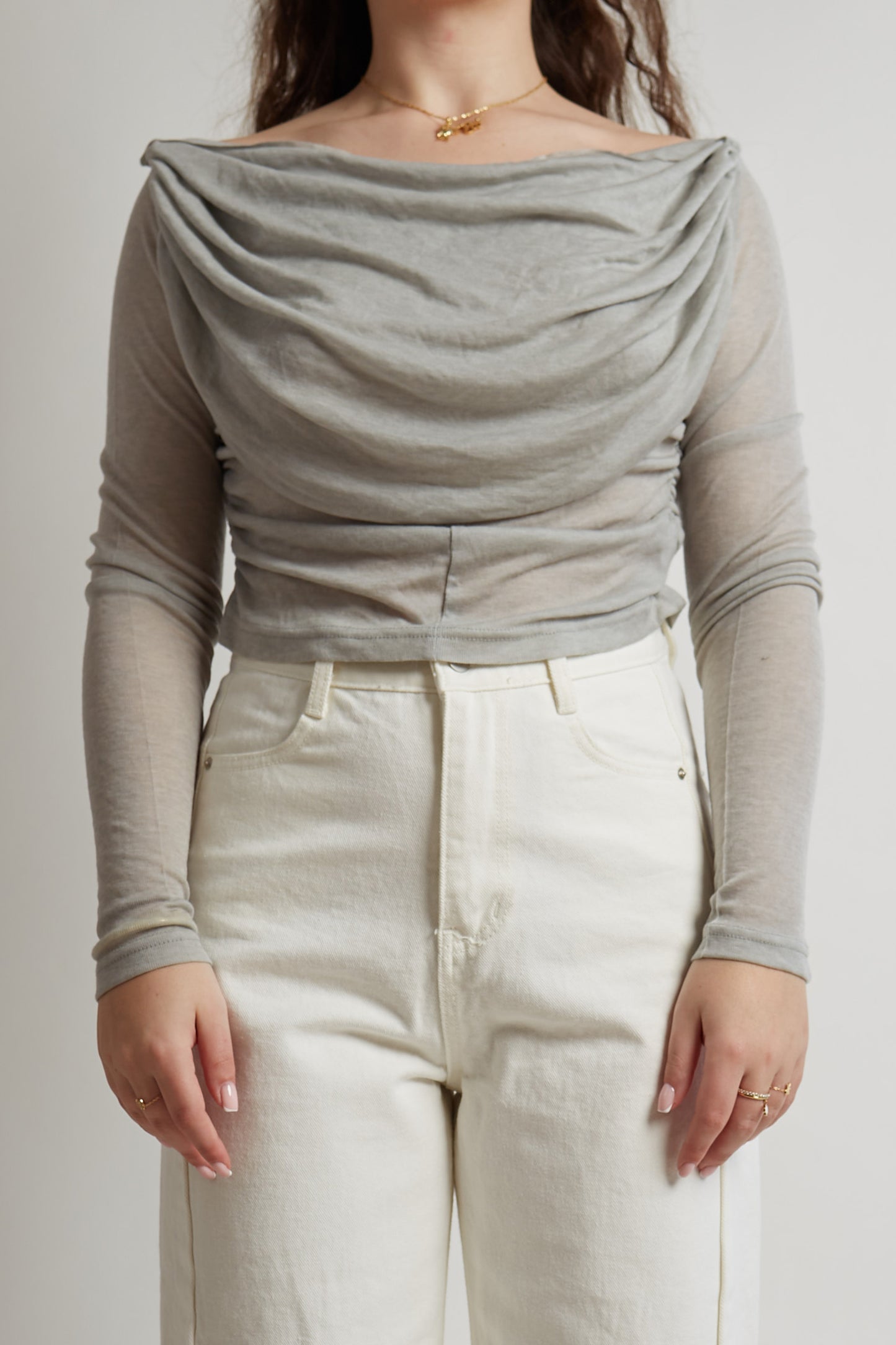 Cropped Semi-Transparant Grey Draped Top