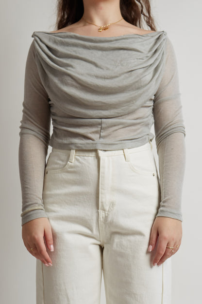 Cropped Semi-Transparant Grey Draped Top