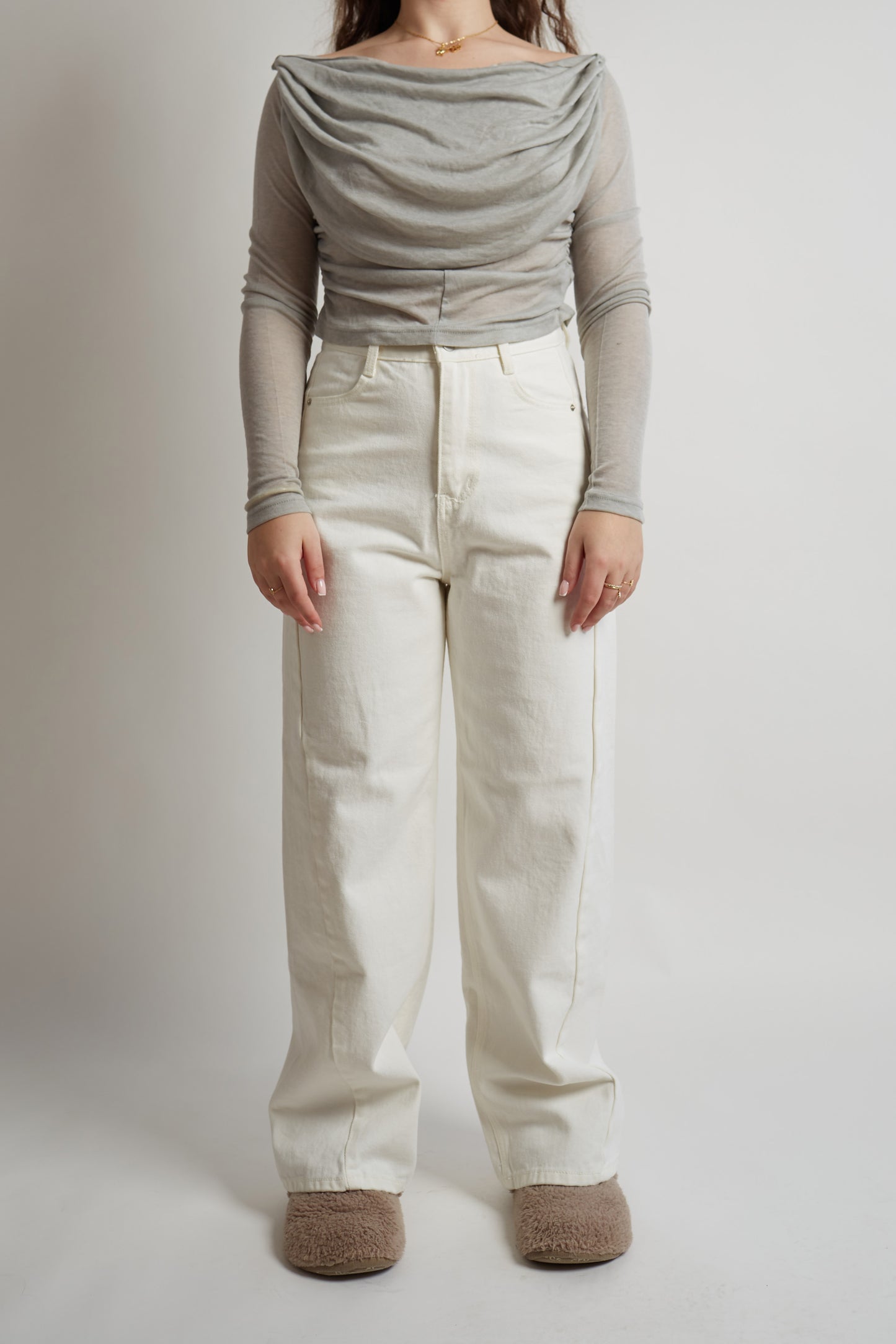 Cropped Semi-Transparant Grey Draped Top
