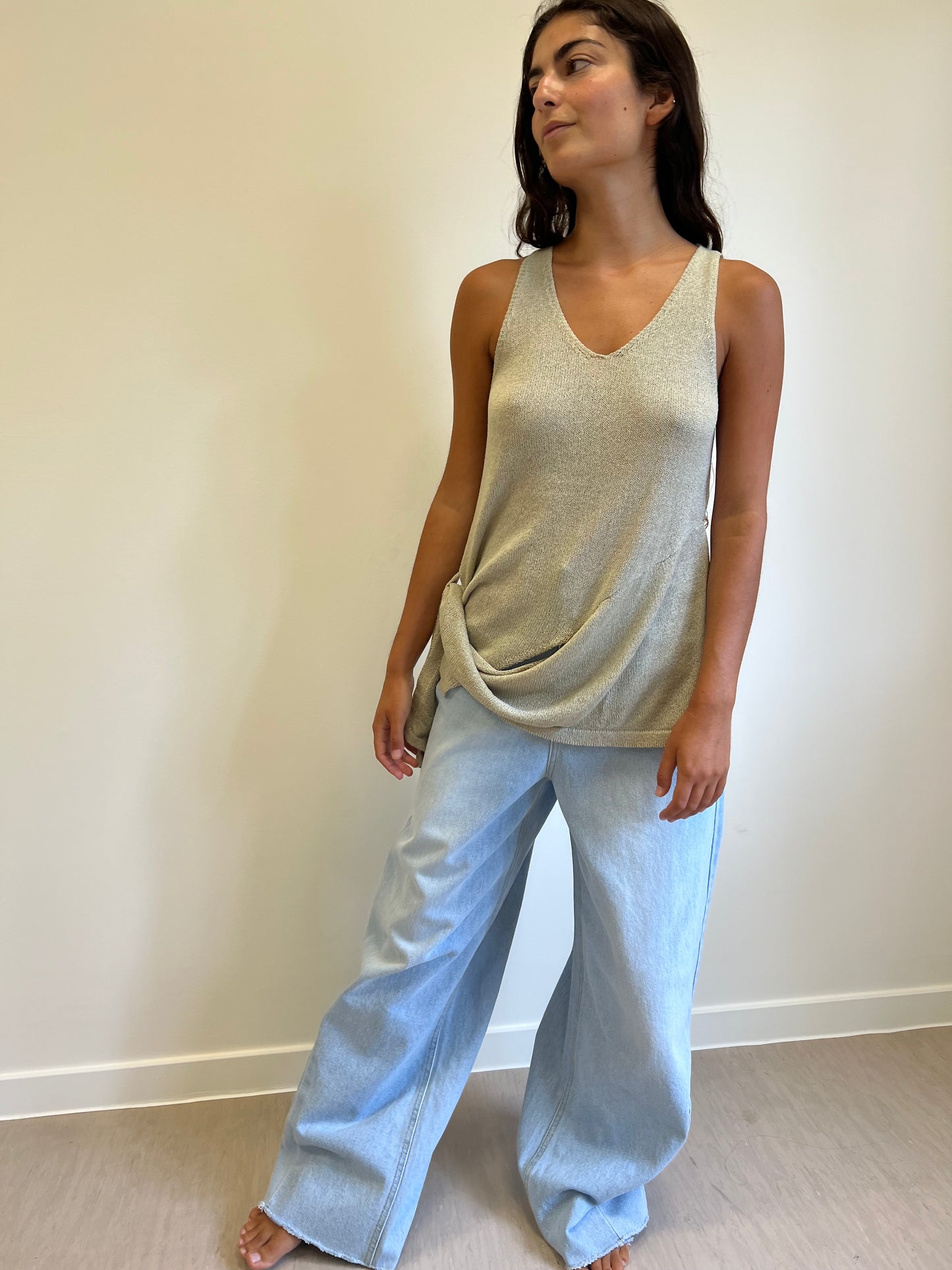 Beige Belted Knit Top