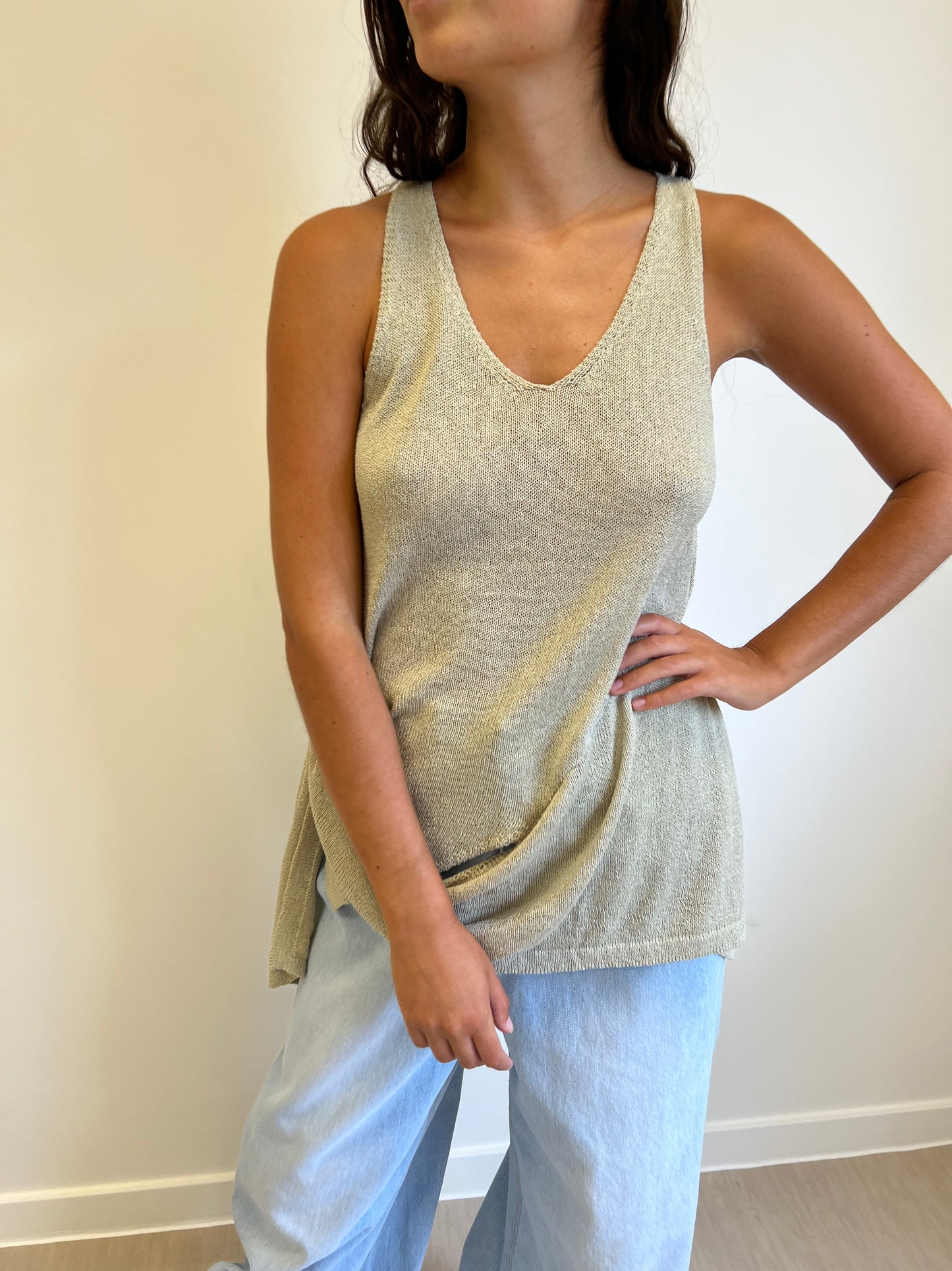 Beige Belted Knit Top