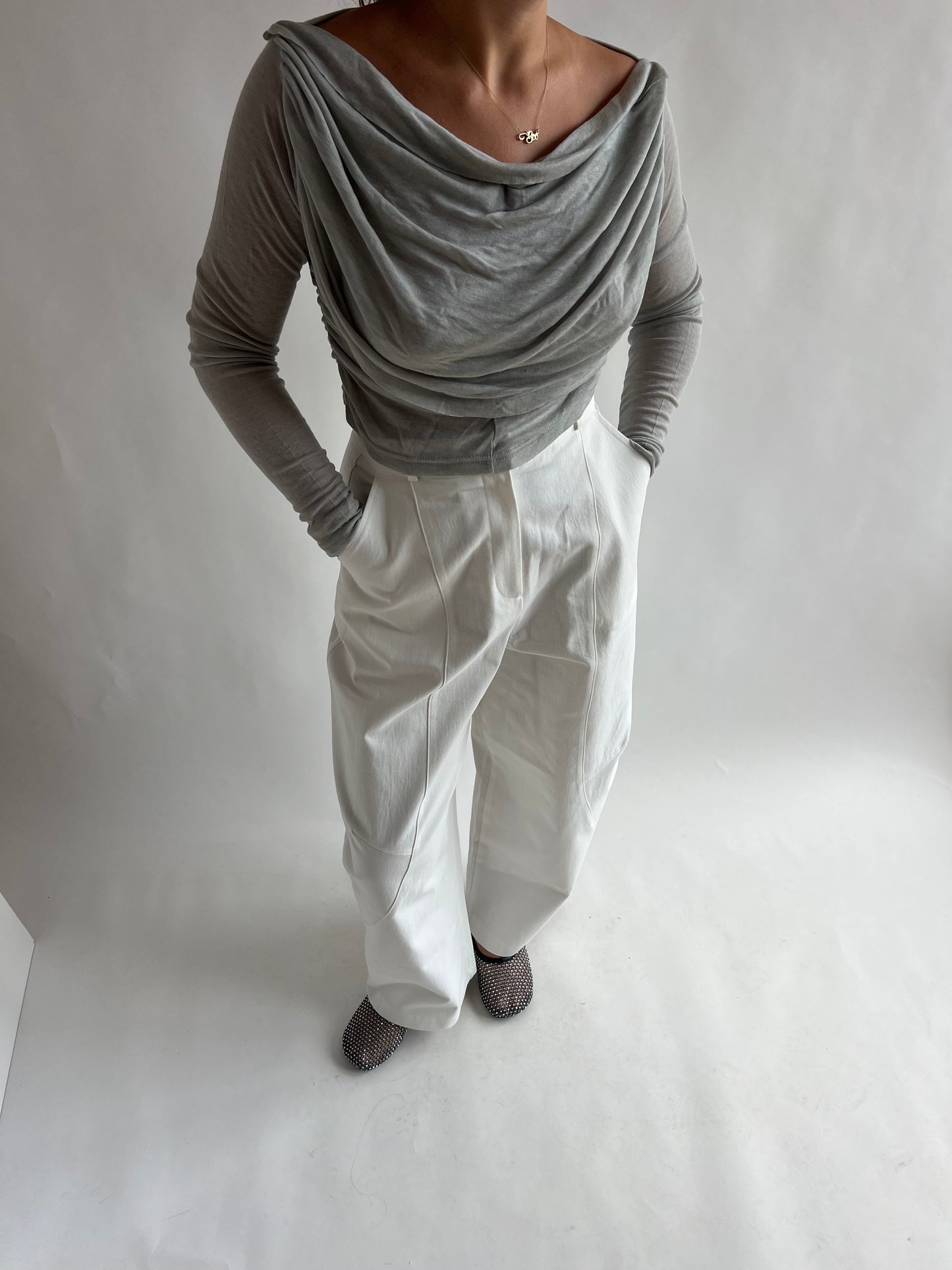 Cropped Semi-Transparant Grey Draped Top