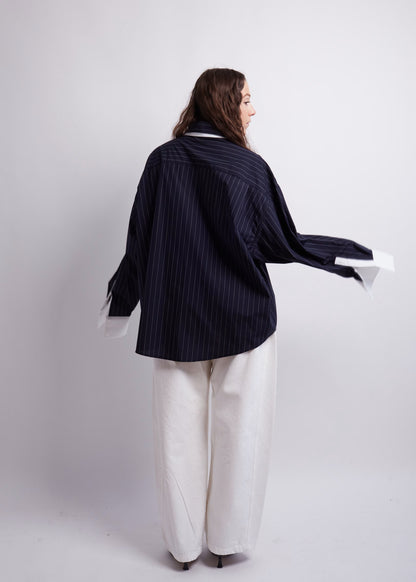 Oversized Dark Blue Striped Contrast Shirt