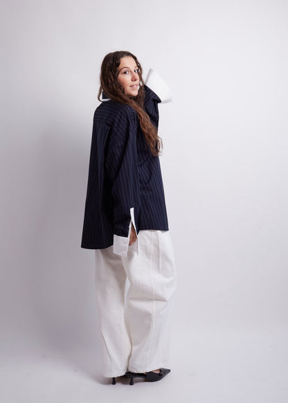 Oversized Dark Blue Striped Contrast Shirt