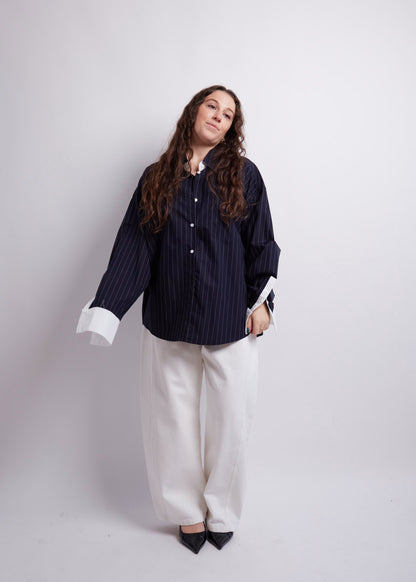 Oversized Dark Blue Striped Contrast Shirt