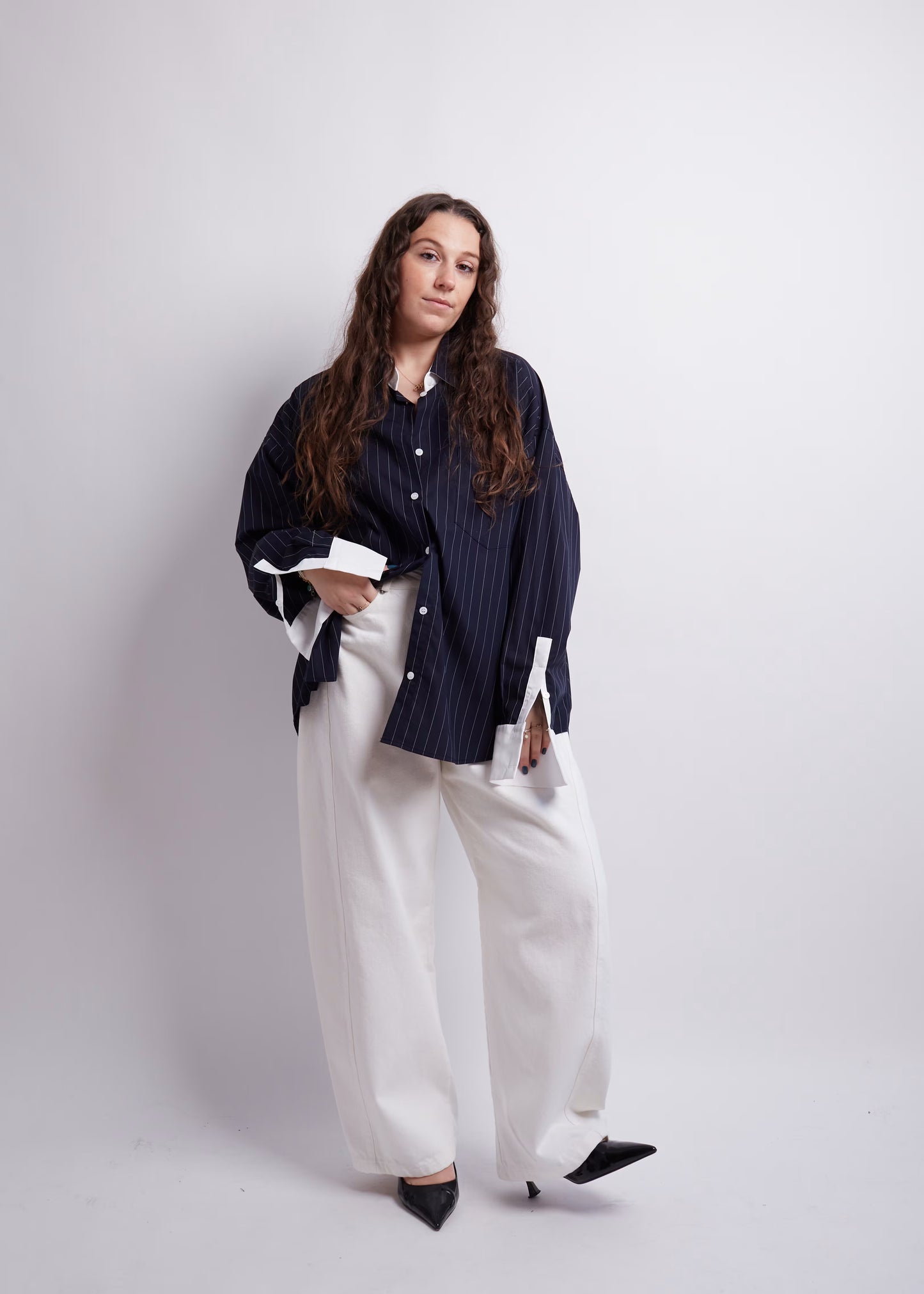 Oversized Dark Blue Striped Contrast Shirt