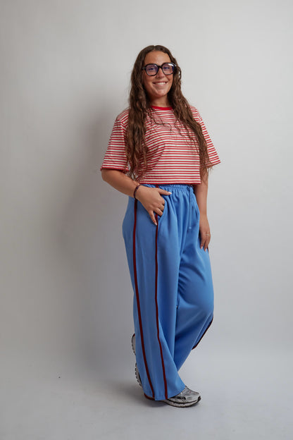 Blue With Red Stripes Nylon Pants