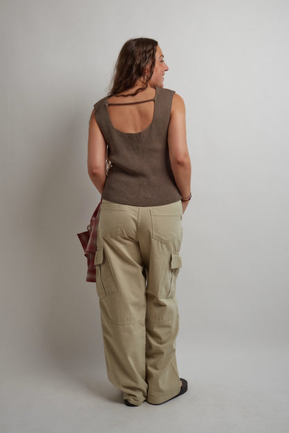 Brown Knit Sleeveless Vest Open Back