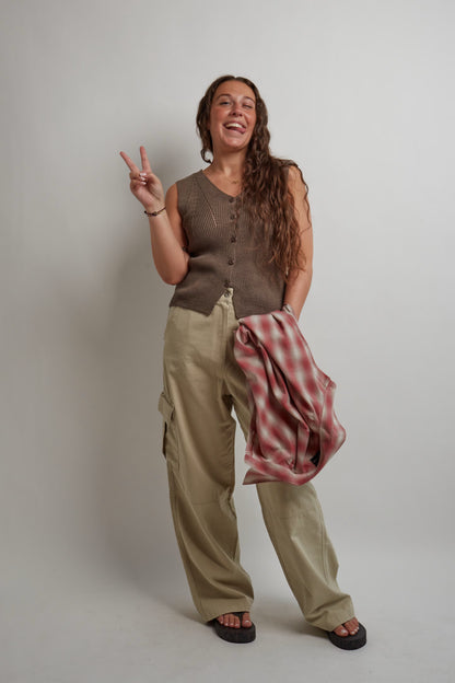 Brown Knit Sleeveless Vest Open Back