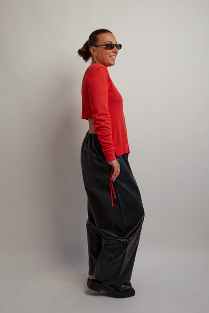 Red Drawstring Open Back Cardigan