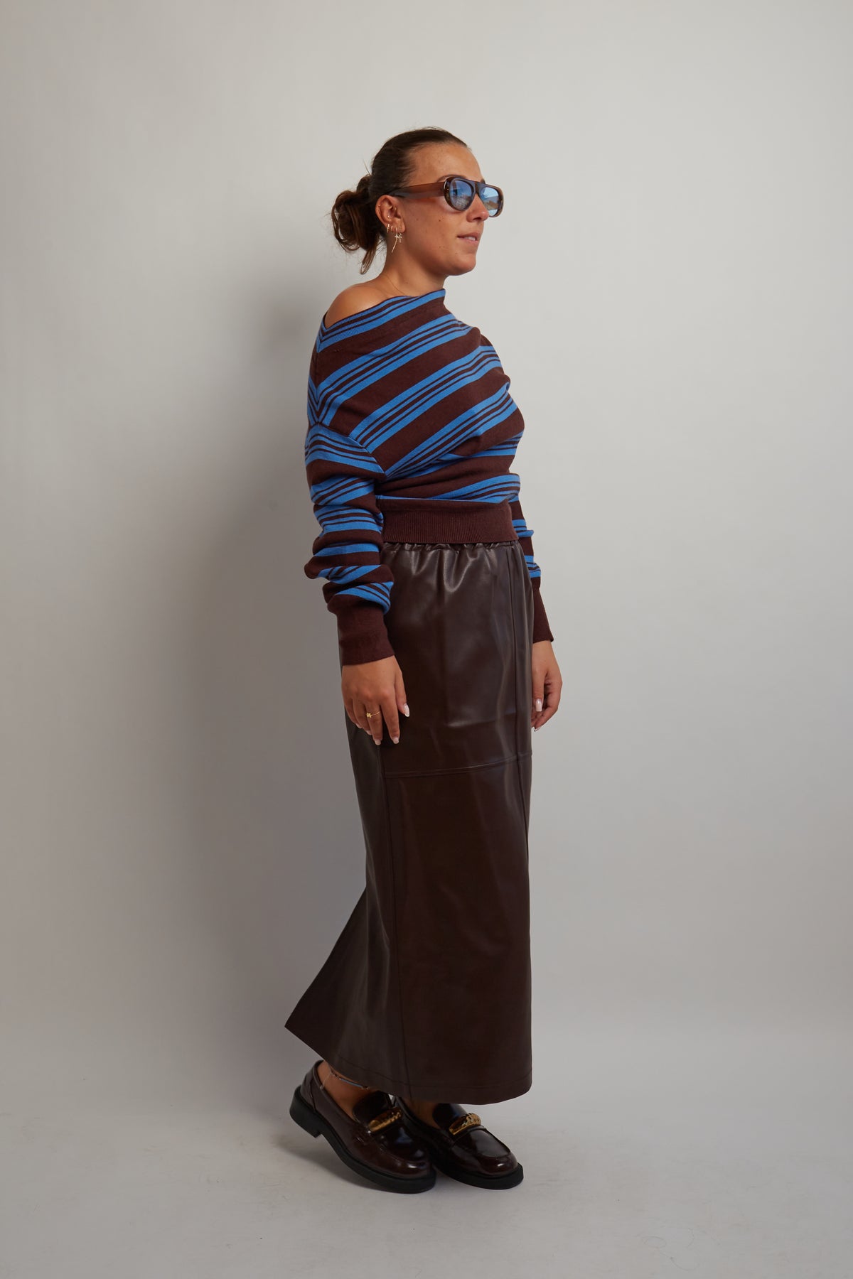 Off Shoulder Brown and Blue Knit