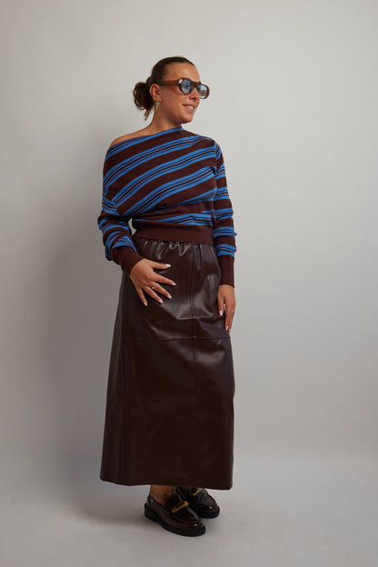 Off Shoulder Brown and Blue Knit