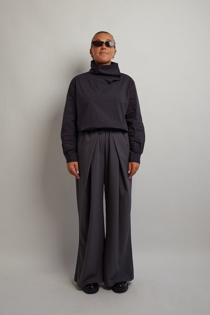 Dark Grey Striped High Neck Blouse